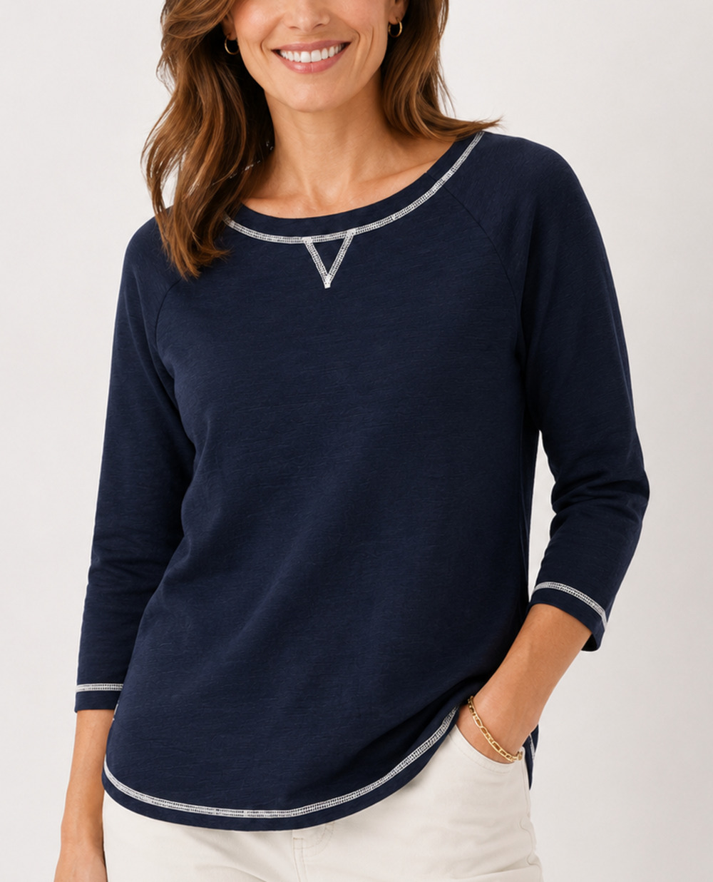 T by Talbots Womens Petite Medium Navy 3/4 Sleeve Sweatshirt UV 50 Slub Terry